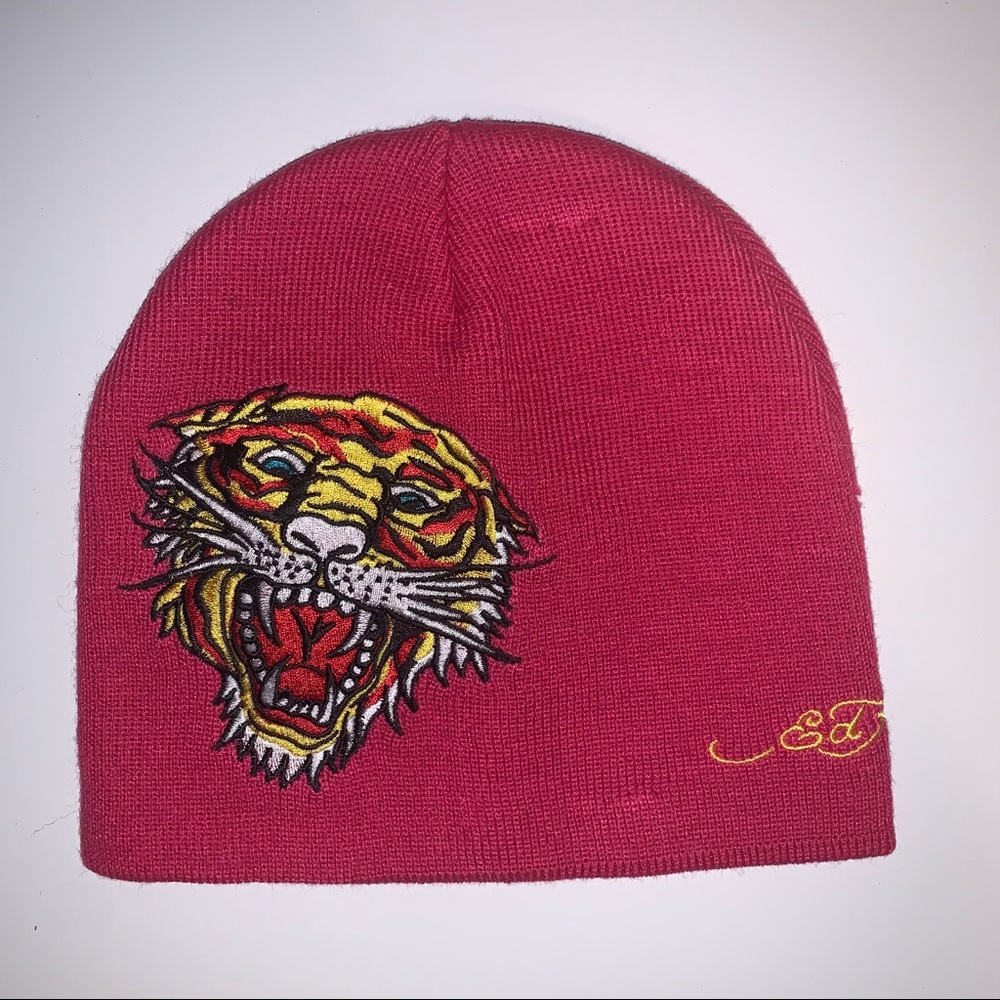 Ed Hardy Pink Knit Beanie Tiger Embroidery